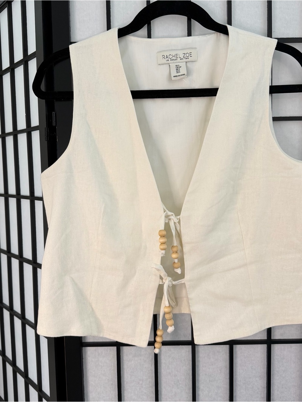 Rachel Zoe Cream Linen-Blend Vest with Bead Tie Small